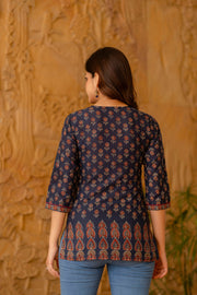 Women Blue Tunic With Three Quaretr Sleeves