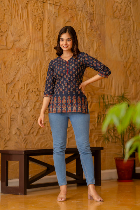 Women Blue Tunic With Three Quaretr Sleeves
