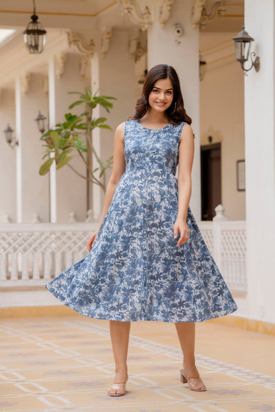 Women Blue Printed Flared Dress