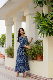 Women Navy Blue Printed Flared Dress