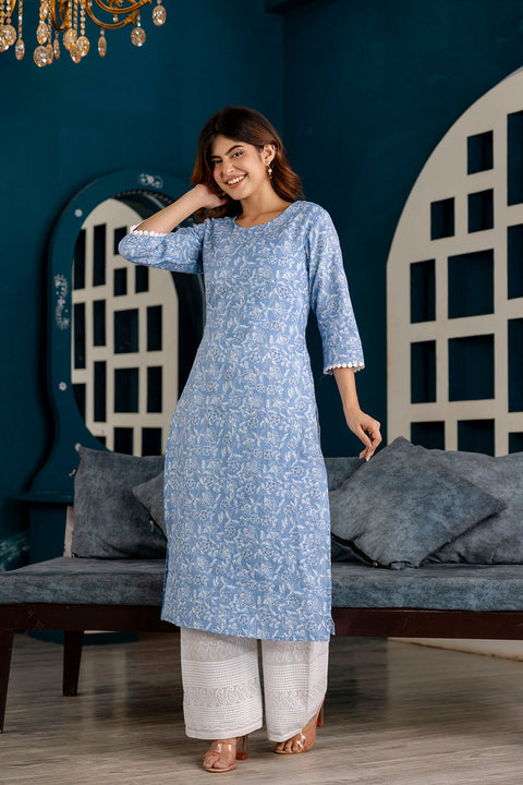 Women Blue Printed Straight Kurta with Three Quarter Sleeves