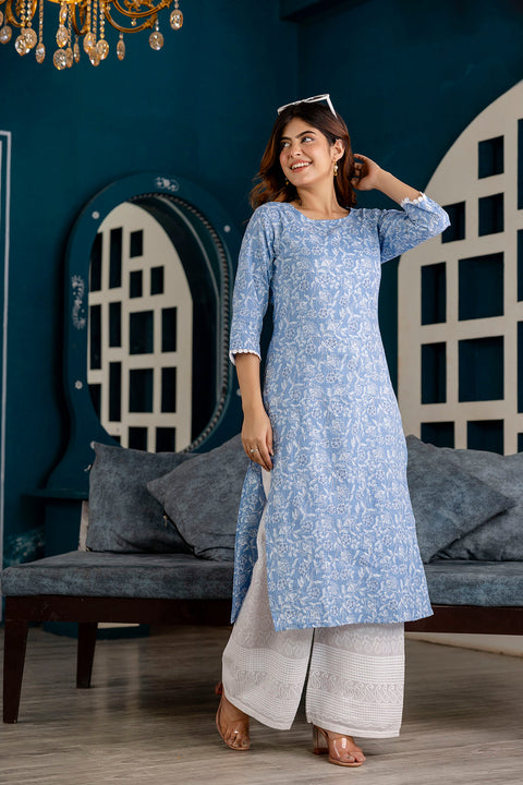 Women Blue Printed Straight Kurta with Three Quarter Sleeves