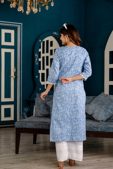 Women Blue Printed Straight Kurta with Three Quarter Sleeves