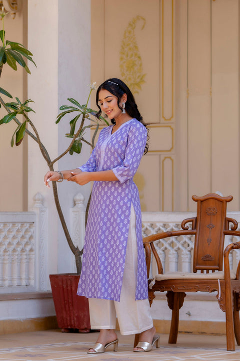 Women Purple Ethnic Printed Straight Kurta with Three Quarter Sleeves