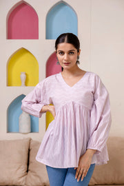 Women Pink Zig Zag Print V-Neck Peplum Top