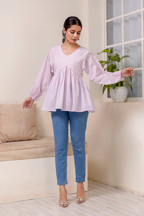 Women Pink Zig Zag Print V-Neck Peplum Top