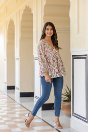 Women Off White Printed V-Neck Peplum Top