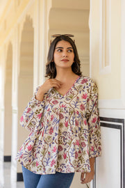 Women Off White Printed V-Neck Peplum Top