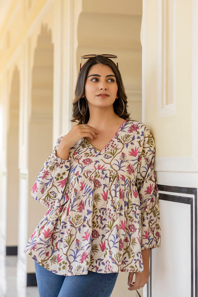 Women Off White Printed V-Neck Peplum Top