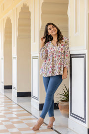 Women Off White Printed V-Neck Peplum Top