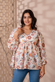 Women Off White Printed V-Neck Peplum Top