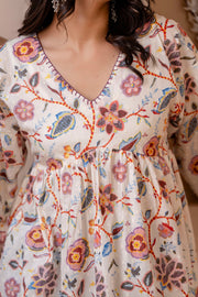 Women Off White Printed V-Neck Peplum Top