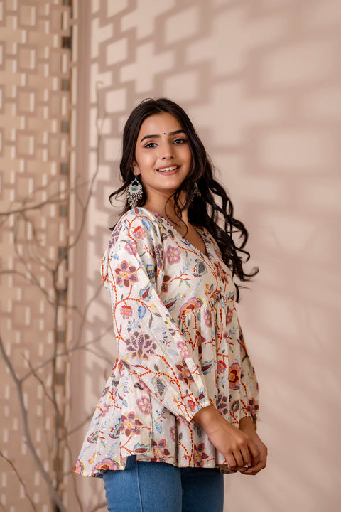 Women Off White Printed V-Neck Peplum Top