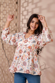 Women Off White Printed V-Neck Peplum Top