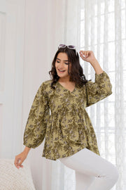 Women Green Printed V-Neck Peplum Top