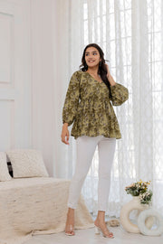 Women Green Printed V-Neck Peplum Top
