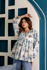 Women Off-White Printed V-Neck Peplum Top