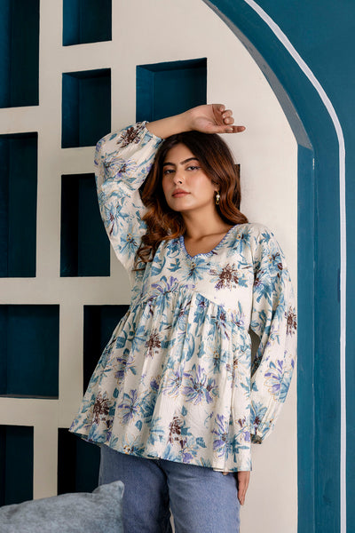Women Off-White Printed V-Neck Peplum Top