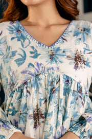 Women Off-White Printed V-Neck Peplum Top