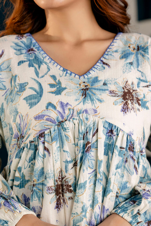 Women Off-White Printed V-Neck Peplum Top