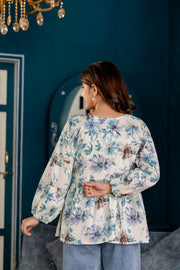 Women Off-White Printed V-Neck Peplum Top