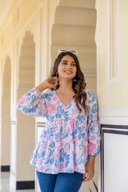 Women White Floral Printed V-Neck Peplum Top