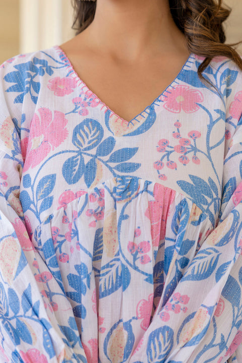 Women White Floral Printed V-Neck Peplum Top