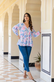 Women White Floral Printed V-Neck Peplum Top