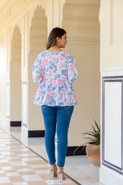 Women White Floral Printed V-Neck Peplum Top