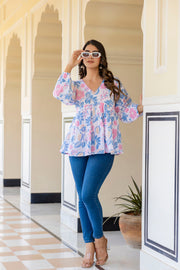 Women White Floral Printed V-Neck Peplum Top
