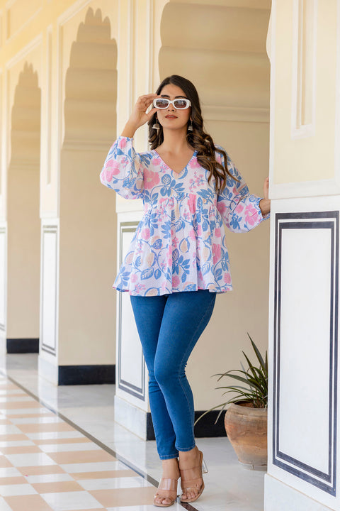 Women White Floral Printed V-Neck Peplum Top