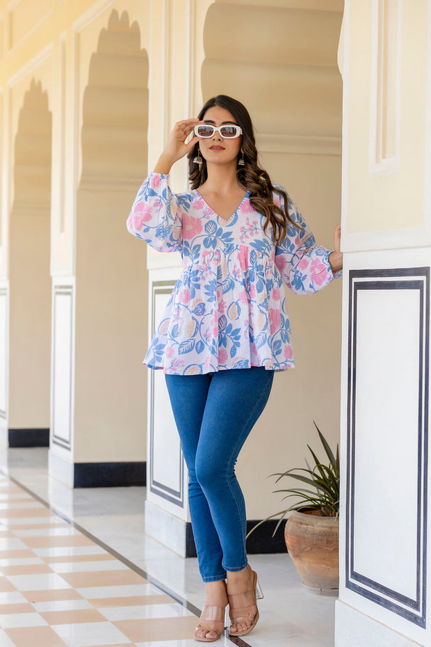 Women White Floral Printed V-Neck Peplum Top