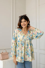 Women Off-White Printed V-Neck Peplum Top