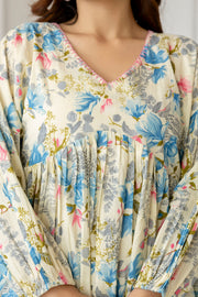 Women Off-White Printed V-Neck Peplum Top