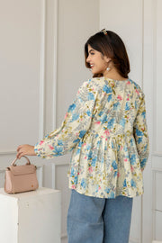Women Off-White Printed V-Neck Peplum Top