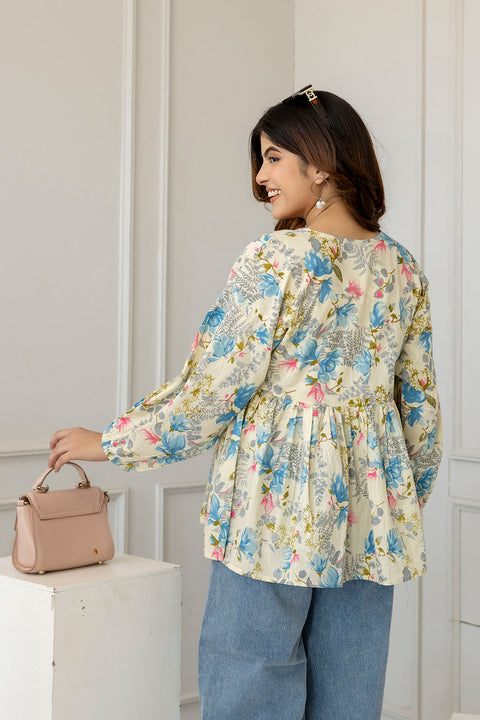 Women Off-White Printed V-Neck Peplum Top