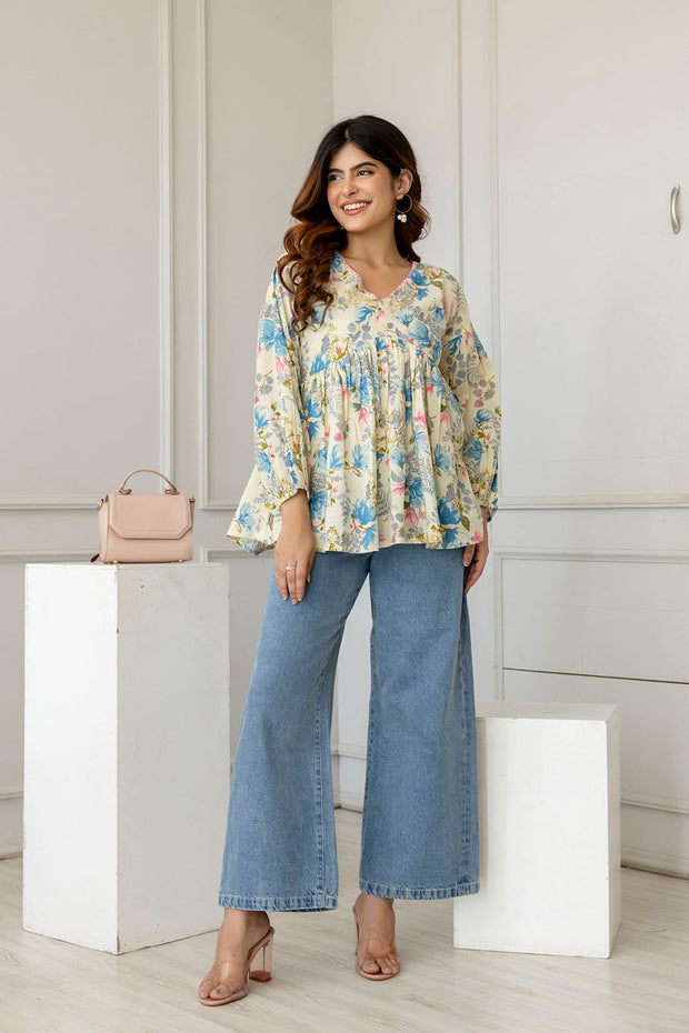 Women Off-White Printed V-Neck Peplum Top