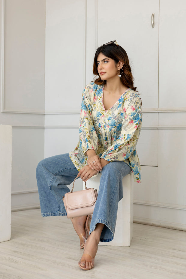 Women Off-White Printed V-Neck Peplum Top