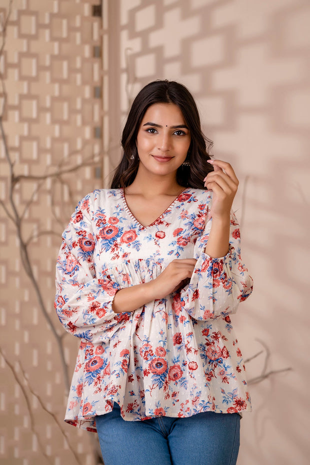 Women White Floral Printed V-Neck Peplum Top