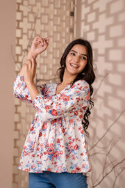 Women White Floral Printed V-Neck Peplum Top