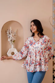 Women White Floral Printed V-Neck Peplum Top