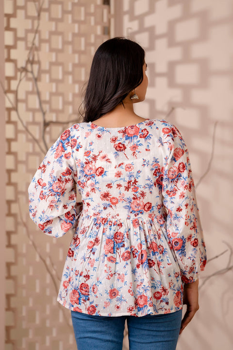 Women White Floral Printed V-Neck Peplum Top