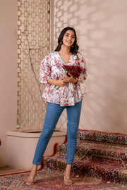 Women White Floral Printed V-Neck Peplum Top