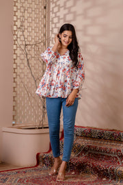 Women White Floral Printed V-Neck Peplum Top