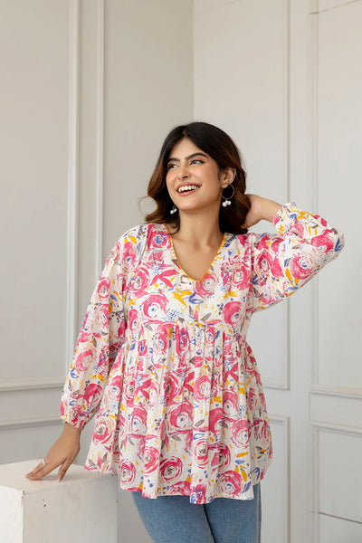 Women Pink and Off-White Printed V-Neck Peplum Top