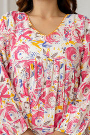 Women Pink and Off-White Printed V-Neck Peplum Top