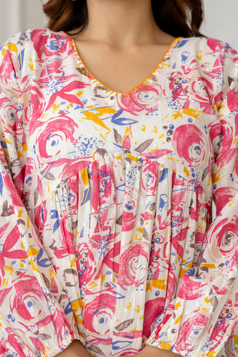 Women Pink and Off-White Printed V-Neck Peplum Top