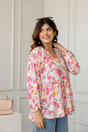 Women Pink and Off-White Printed V-Neck Peplum Top