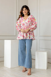 Women Pink and Off-White Printed V-Neck Peplum Top