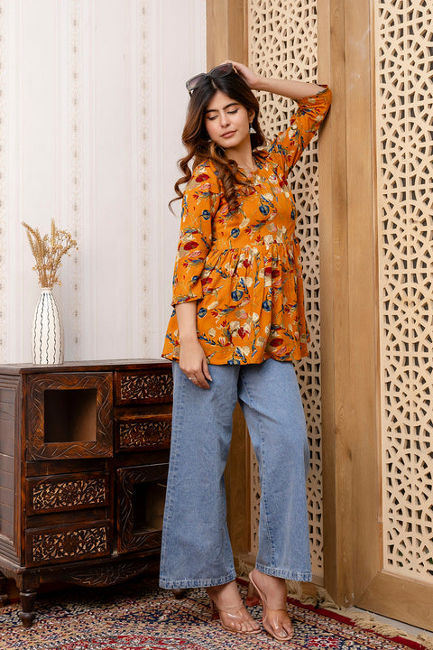 Women Mustard Printed V-Neck Peplum Top